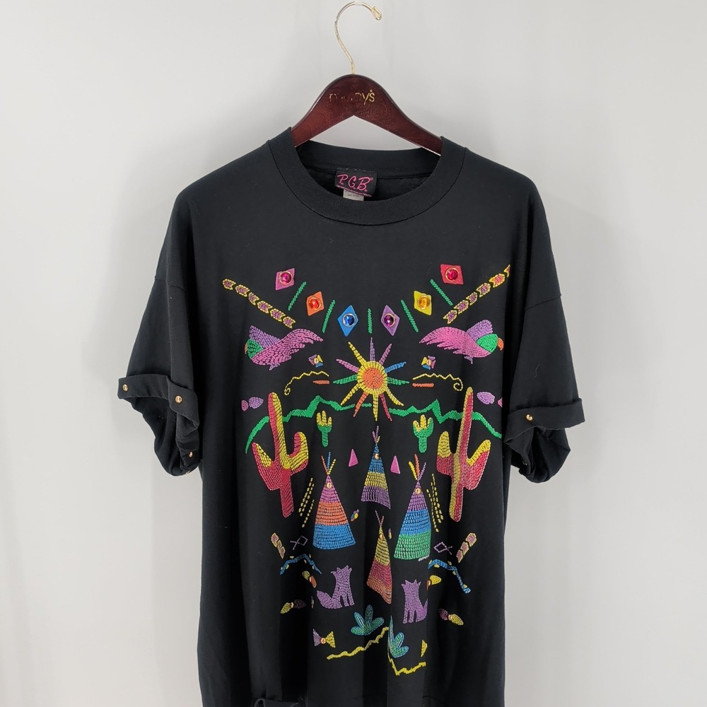 Vtg 90's‎ P.C.B. Short Sleeve Rhinestones Detailing Retro T-Shirt Black Size 3X